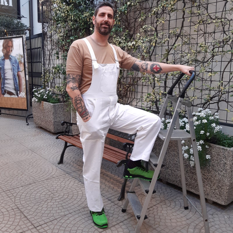 Salopette Da Lavoro Uomo Con Bretelle E Ginocchiere – Tuta Bianco/Grigia, 65% Poliestere 35% Cotone, 8 Tasche, Regolabile